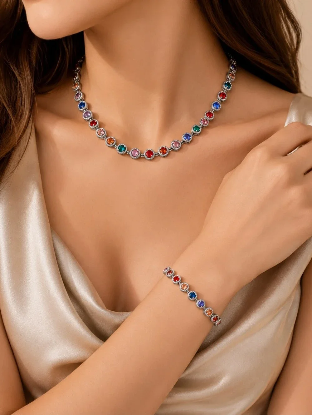 Multicolor Crystal Link Bracelet in Silver-Tone